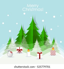 Christmas Greeting Card with Christmas tree and Christmas decorations. Vector illustration.