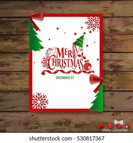 Christmas Greeting Card with Christmas tree and decorations . Vector illustration.