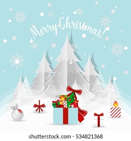 Tarjeta de felicitación de Navidad con árbol de Navidad y decoraciones de Navidad. Ilustración vectorial.