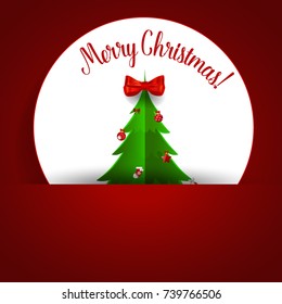 Christmas Greeting Card with Christmas tree and decorations. Vector illustration.
