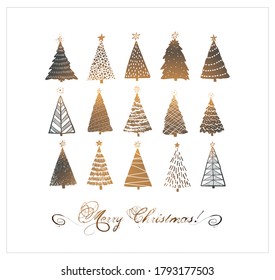 Christmas greeting card with christmas tree doodles on white background