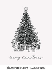 Christmas greeting card with christmas tree and gifts in vintage style. Hand drawn holiday greeting template.