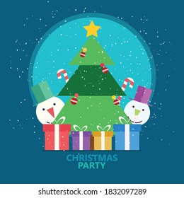Christmas greeting card with christmas tree and gifts box and cute santa. christmas vector illustration
