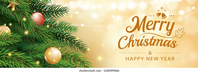 Christmas greeting card with tree and gold blur bokeh lights background. Xmas and happy new year. Vector illustration for cover, banner, template.