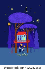 Christmas greeting card with tree house in the woods and funny gnomes holding lights. Festive xmas illustration or poster.