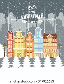 Christmas greeting card with a christmas tree and house, vector illustration