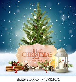 Christmas greeting card with Christmas tree, lantern and traditional decorations on blue background