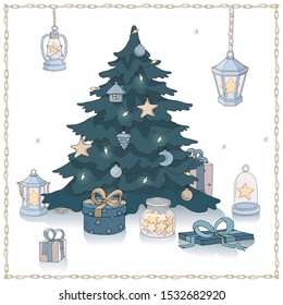 Christmas greeting card with tree, lanterns, stars and gift boxes. Isolated objects on white background. Decor elements for gift card and kids products. Set of various festive decorations.