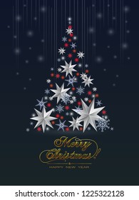 Christmas Greeting Card  With  Christmas Tree made of cutout paper stars and snowflakes. Vector illustration of abstract Christmas tree on blue background and golden inscription Merry Christmas. 