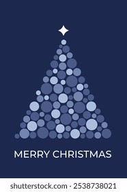 Christmas greeting card with christmas tree made of blue circles. Template for winter holidays design. Vector illustration