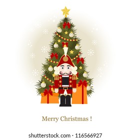 Christmas greeting card with Christmas Tree and nutcracker