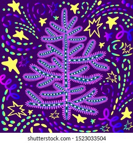 Christmas greeting card with christmas tree on gradient hand drawn decorative background in doodle style. New Year  design for gift package, clipart, celebration invitation, postcard, banner, poster.
