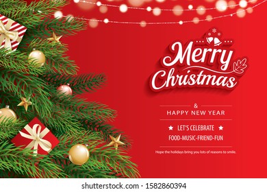 Christmas greeting card with tree on red background. Xmas and happy new year. Vector illustration for cover, banner, template.