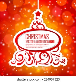 Christmas greeting card. Christmas tree on a red background with bokeh and snowflakes. Vector illustration