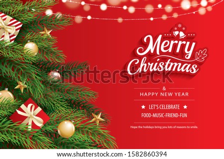 Christmas greeting card with tree on red background. Xmas and happy new year. Vector illustration for cover, banner, template.