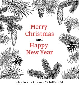 Christmas greeting card with a Christmas tree and a pine cone. Vector hand drawn illustration. New year's banner.