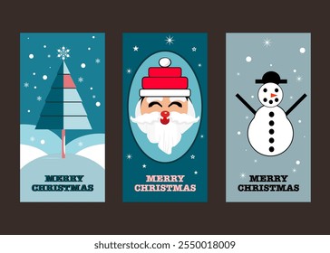 Christmas greeting card, Christmas tree, Santa Claus, Snowman. Happy holidays. Vector illustration set