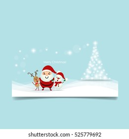 Christmas Greeting Card with Christmas tree, Santa Claus ,Snowman and reindeer. Vector illustration