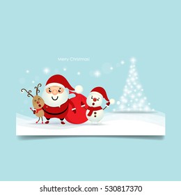 Christmas Greeting Card with Christmas tree, Santa Claus ,Snowman and reindeer. Vector illustration