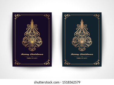 Christmas greeting card with tree silhouette and ornate typographic winter holidays text vector illustration. Christmas ornaments decorarion and frame for postcard or banner design.