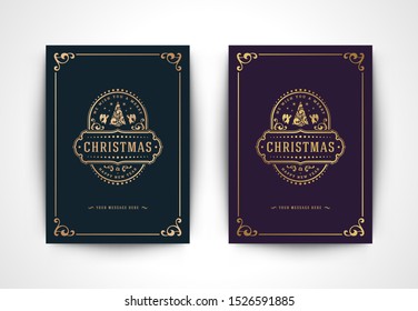 Christmas greeting card with tree silhouette and ornate typographic winter holidays text vector illustration. Christmas ornaments decorarion and frame for postcard or banner design.