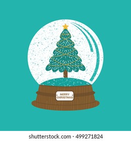 Christmas greeting card with Christmas tree in snow globe. Vector illustration.