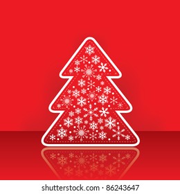 Christmas greeting card with tree with snowflake on the red traditional background