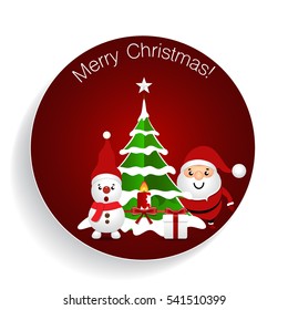 Christmas Greeting Card with Christmas tree, Snowman and Santa Claus. Vector illustration.