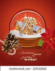 Christmas greeting card with Christmas tree in sphere in retro style. Happy new year