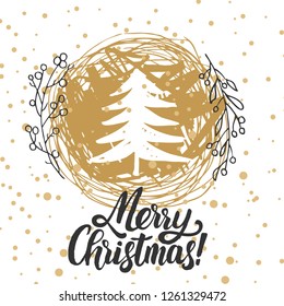 Christmas greeting card. Christmas trees covered with snow, snowflakes, patterns, lettering - Merry Christmas.