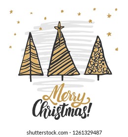 Christmas greeting card. Christmas trees covered with snow, snowflakes, patterns, lettering - Merry Christmas.