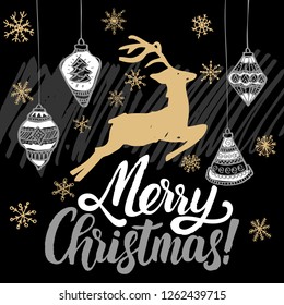 Christmas greeting card. Christmas trees covered with snow, deer, lettering Merry Christmas.