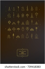 Christmas greeting card. Trees geometric line icons, vector design elements. Scandinavian style. Brown background. Stock vector.