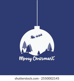 Christmas greeting card with trees, and santa flying cart cartoon illustration. Vector illustration