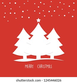 Christmas greeting card. Christmas trees, vector simple design. White silhouette of several fir-tree, isolated on red background.