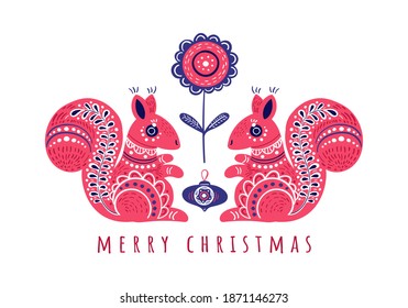 Christmas greeting card with two cute squirrels on white background, decorative folk style. Merry Christmas. Vector Christmas card, Scandinavian design. 