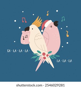 Christmas Greeting Card with Two Funny Cockatoos Singing Christmas Carols. Australian Holiday Illustration, Design.