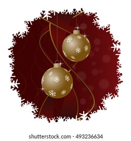 Christmas greeting card - two gold baubles with snowflakes, ribbons, red background and white snowflakes border
