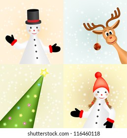 christmas greeting card with two snowman figurines, reindeer and christmas tree, vector illustration, eps10