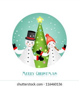 christmas greeting card with two snowman figurines with  christmas tree, vector illustration, eps10