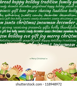 Christmas Greeting Card. Type background & toys