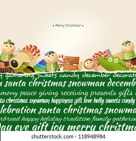 Christmas Greeting Card. Type background & toys