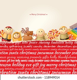 Tarjeta de felicitación de Navidad. Escriba fondo y juguetes. Rojo