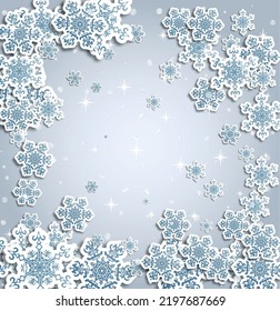 Christmas greeting card with type design and decorations on the snowy blue background. Vector illustration.