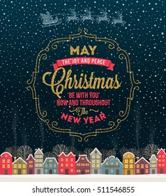 Tarjeta de felicitación de Navidad - Diseño tipo con marco dorado brillante y ciudad de invierno con nevado