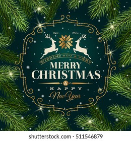 Christmas greeting card - Type design with glitter gold frame on a Christmas tree branches background