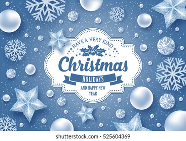 Christmas greeting card with type design and decorations on the snowy blue background. Vector illustration.