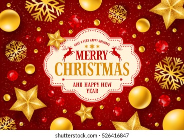 Christmas greeting card with type design and decorations on the red background. Vector illustration.