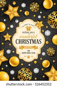 Christmas greeting card with type design and golden decorations on the black background. Vector illustration.