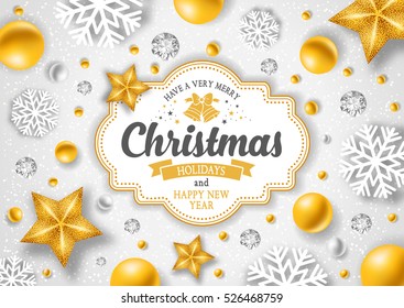 Christmas greeting card with type design and golden decorations on the snowy white background. Vector illustration.